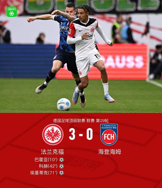 法克福勝海登海姆3-0，?；倏酥ィ突魜?、科赫進(jìn)球。