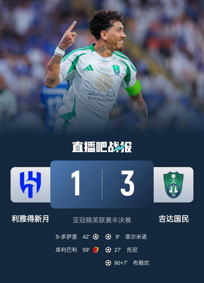 吉達(dá)國民勝出，3-1淘汰新月進(jìn)亞冠決賽，菲爾米諾破門，庫利巴利紅牌